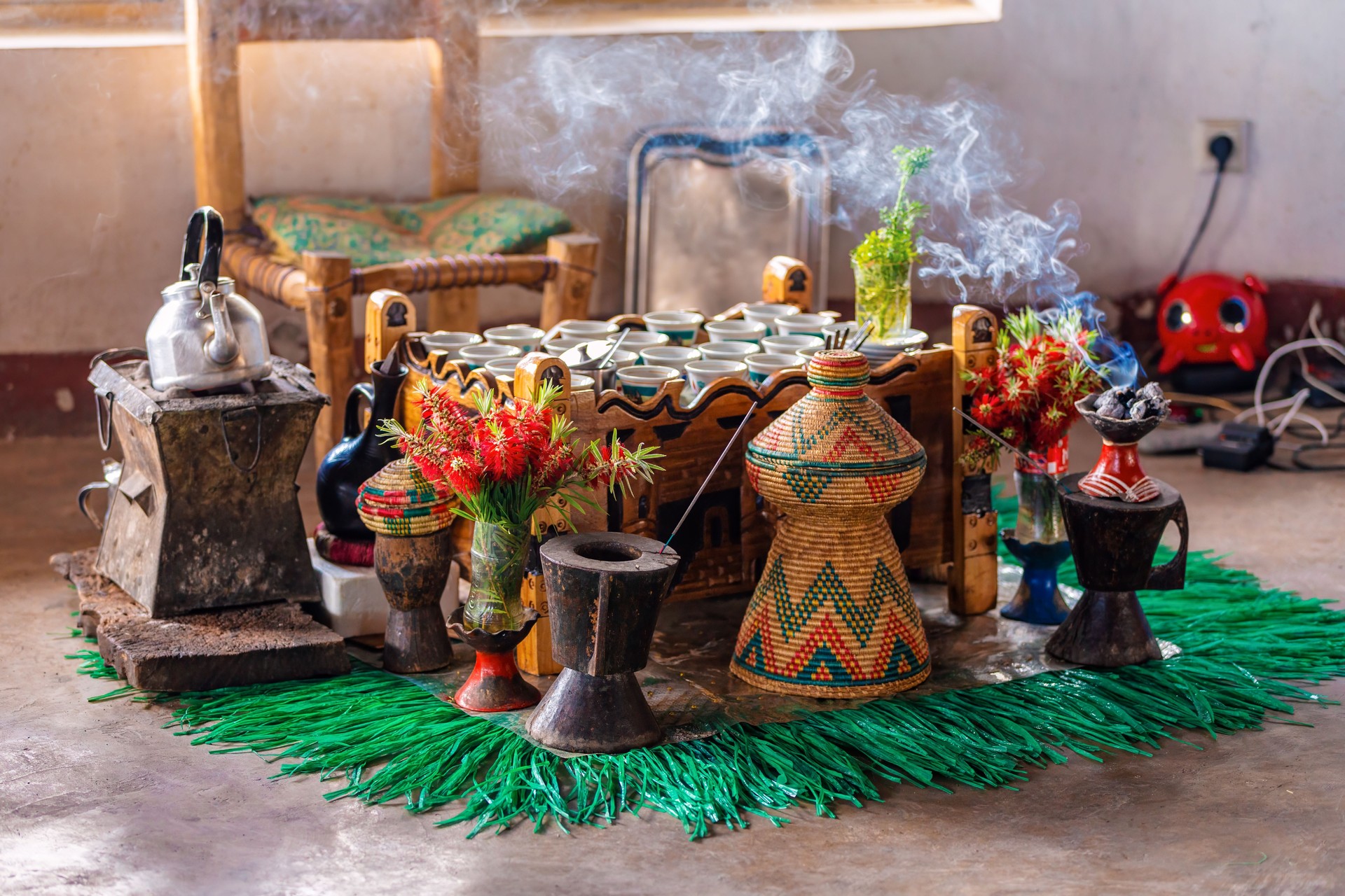 Ethiopian coffee ceremony with aromatic frankincense. Debre Libanos, Ethiopia