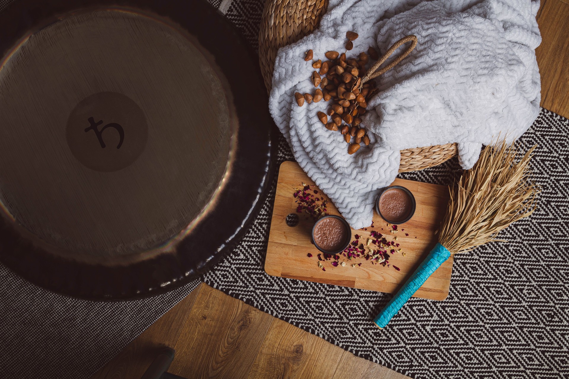 Ceremonial cacao beverage and gong